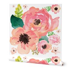 an art print with pink flowers and green leaves on the bottom, against a white background