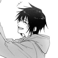 an anime character with black hair holding his arm up