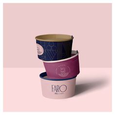 three cups stacked on top of each other with the word faro printed on them