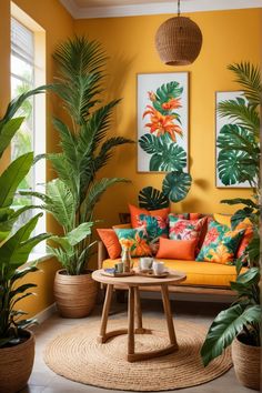 Living room with tropical-themed decor, vibrant yellow walls, lush green plants, and a wicker coffee table set. Coffee Nook Ideas, Tropical Living Room Ideas, Coffee Nooks, Awkward Living Room Layout, Tropical Living Room, Tropical Interior Design, Tropical Interior, Red Bathroom, Bathroom Accents