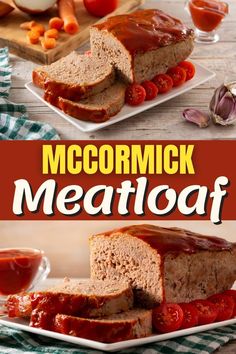 meatloaf with tomatoes and sauce on a white plate