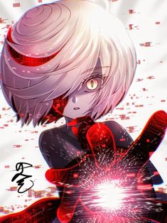 an anime character with white hair and red eyes holding a sparkler in her hands