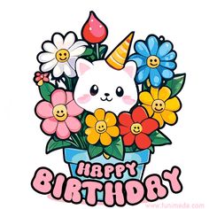 a white cat sitting in a flower pot with flowers on it's head and the words happy birthday