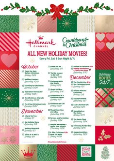 a christmas movie poster with the words all new holiday movies written in red, green and gold