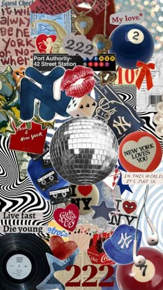 a collage of various stickers and other items in the shape of a disco ball