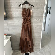 Milano Brown Y2k Formal Prom Dress Gown. Halter Neck Hi Low Appearance But Floor Length Dress. Size Small Nwt Chocolate Brown Gown, Prom Dress Brown, Y2k Formal, Prom Dress Gown, Brown Y2k, Formal Prom Dress, Prom Dresses Gowns, Floor Length Dress, 22nd Birthday