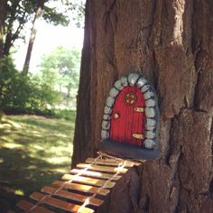 a red door is on the side of a tree