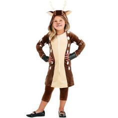 The Fun Costumes Fawn Costume for Toddler GirlsIf she wants to be a sweet fawn this Halloween, she's going to love this super adorable fawn costume for girls! We think there's always room for some adorable deer at the costume party, which is exactly why we designed this kid's fawn costume. We designed the outfit as a hooded dress and leggings set. The polyester-spandex blend dress has just a bit of stretch and zips up the front. It has an all-over spotty print for that perfectly fuzzy look on it Fawn Outfit, Fawn Costume, Deer Ears, Dress And Leggings, 4t Dress, Deer Costume, Fawn Deer, Costume For Girls, Family Oriented