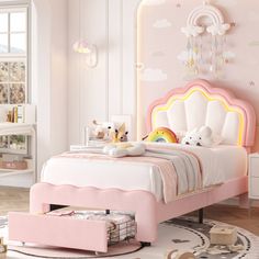 a child's bedroom decorated in pastel pink and white with toys on the bed