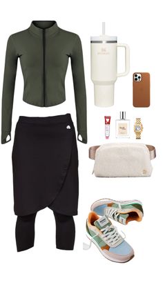 a woman's outfit with sneakers, coffee cup and purse