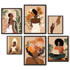 four framed art prints depicting women with flowers in their hair, one holding a laptop