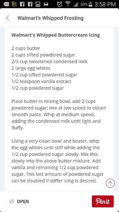 the recipe for walmart's whipped buttercream icing is shown on an iphone