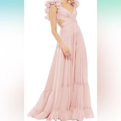 Never Worn, Size 8, Blush Pink Pink V-neck Gown For Spring, Feminine V-neck Spring Gown, Feminine V-neck Gown For Spring, Chic V-neck Spring Gown, Pink Flowy Floor-length Evening Dress, Pink V-neck Evening Dress With Ruffles, Chic V-neck Gown With Ruffles, Feminine Floor-length Ruffled Evening Dress, Spring Pink V-neck Gown