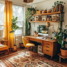 a home office with plants and books on the shelf above the desk, along with a yellow chair