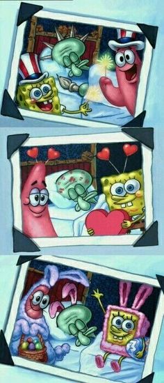 two pictures of spongebob and friends in bed