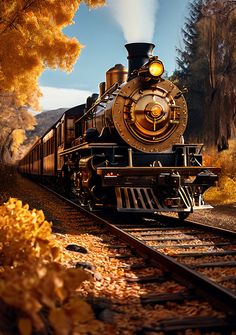 an old fashioned steam engine train traveling down the tracks through autumn foliage and trees with yellow leaves