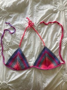 Brightly colored crochet triangle-style bikini top with two sets of straps to tie around your back and around your neck. Made from a very soft and fine yarn for a stretchy top allowing for form fitting while also giving support. Fits all sizes within AA-C cup range! Triangle En Crochet, Colorful Crochet, Crochet Triangle, Crochet Summer Tops, Charlottesville Va, Stretchy Tops, Fine Yarn, Summer Crochet, Crochet Ideas