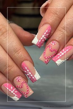 acrylic pink christmas nails Pink Sweater Christmas Nails, Pink Christmas Nails, Xmas Nail Designs, Holiday Themed Nails, Holiday Acrylic Nails, Candy Cane Nails, Acrylic Pink, Nail Shimmer