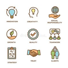 the icons for business, innovation and teamwork are shown in this image royalty illustration