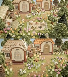 two pictures of small houses in the middle of a field with lots of flowers and trees