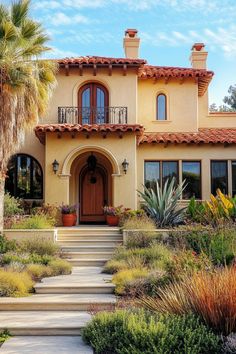 a large house with lots of plants and trees in front of the entrance to it