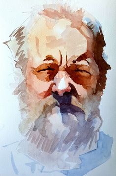 a watercolor painting of an older man's face with his eyes closed and one eye open