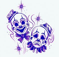 two clowns with hats and bow ties are depicted in this tattoo art drawing style