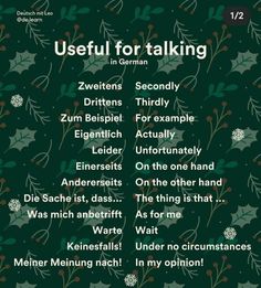 a poster with the words useful for talking in german, and an image of holly leaves