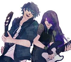 two anime characters are holding guitars and posing for the camera with their arms around each other