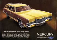 an advertisement for the new ford motor company, featuring a yellow station wagon with brown trim