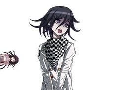 an anime character with long black hair standing next to another character wearing a white shirt and checkered scarf