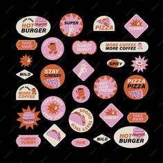 various stickers and decals on a black background with the words hot dog pizza