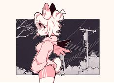 a drawing of a woman with pink hair and black shoes standing in front of power lines