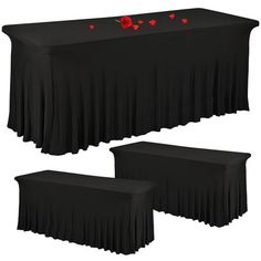 three black tables with red roses on them and one table covered in a black cloth