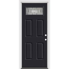 a black front door with two sidelights on the top and bottom panel, against a white background