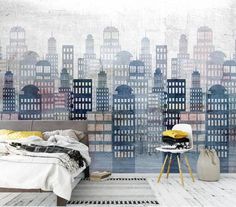 a bedroom with a city skyline wallpaper mural in the background and a bed on top of a rug