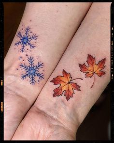 Autumn Leaves And Snowflakes Tattoo Inspiration - wrist tattoo inspiration Autumn Tatoos Fall, Leaf And Snowflake Tattoo, Fall Tattoo Sleeve Autumn Leaves, Fall Time Tattoos, Fall Season Tattoo, Fall Winter Tattoo, Fall Leave Tattoos, Winter Tattoos For Women, Autumn Tattoos For Women