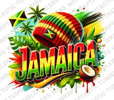 the word jamaica painted in raspberry and green, with an image of a cricket ball