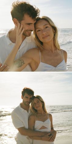 two people standing next to each other near the ocean and one person holding his head