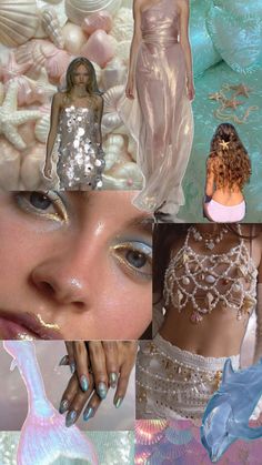 a collage of photos with mermaids and pearls