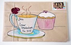 a piece of paper with a cupcake on it next to a postage stamp that reads, srna longer tempestpleshoe vie 31 011