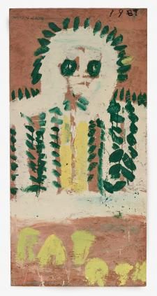 an image of a painting with green and yellow leaves on it's face in the middle