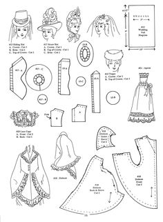 paper doll clothes and sewing patterns for dolls, including dresses, bonnets and hats