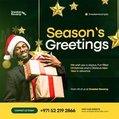 a man holding a christmas present in front of a green background with gold stars and the words season's greetings