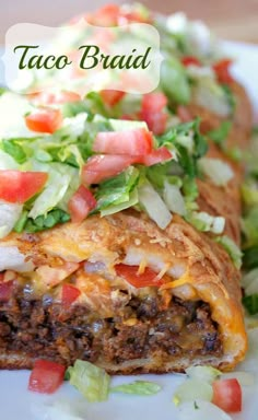 a taco burrito on a plate with lettuce, tomato and other toppings