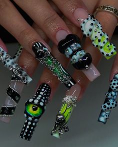 Halloween nails, square nails,long nails, spooky nails, spooky season aesthetics, acrylic nails,nail charms,nail art,nail aesthetics,nail designs,baddie nails,bold nails Zombie Acrylic Nails, Nail Designs Baddie, Grunge Nail Ideas, Halloween Nails Square, Horror Nail Art, Creepy Nail Art, Teeth Bling, Square Nails Long, Creepy Nails