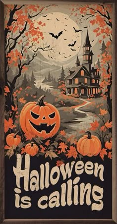 a halloween poster with pumpkins in front of a house