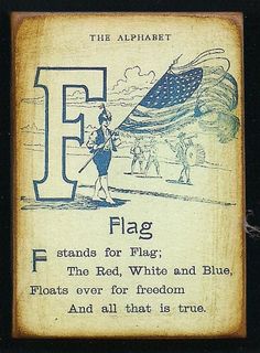 an old book with the letter f on it's cover and a woman holding a flag