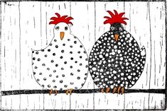 two chickens sitting on top of a wooden fence with red combs and black dots