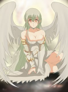 an anime character sitting on the ground with angel wings